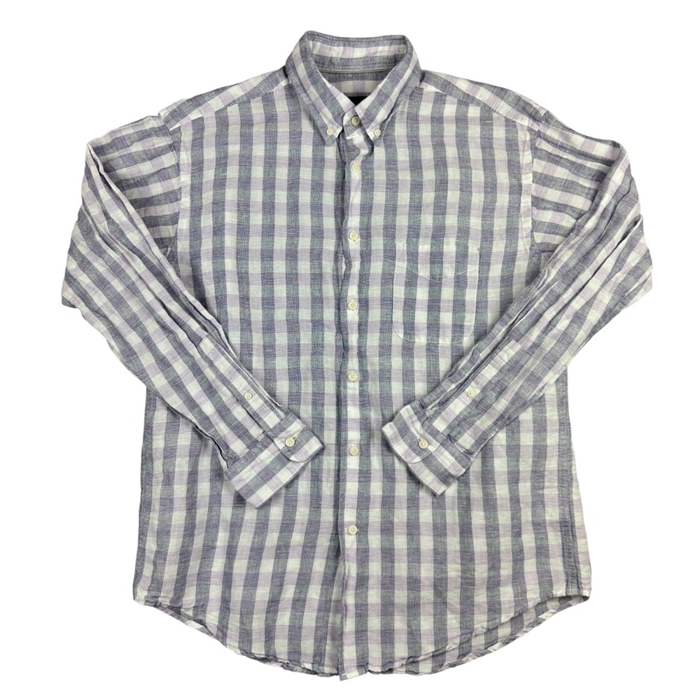 Jos. A. Bank Reserve Mens Medium Purple Gingham Linen Cotton Button Down Shirt